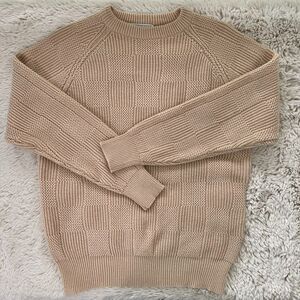 Vintage Sears Beige Grandpa Checkered Knit Crewneck Sweater Acrylic Size Medium